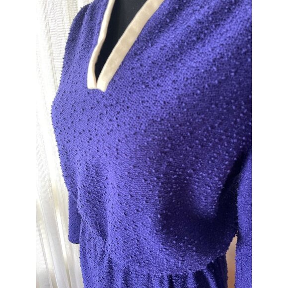 Vintage late 60s dress, purple, white trim, long sleeves, A-Line, elastic waist - Picture 3 of 7